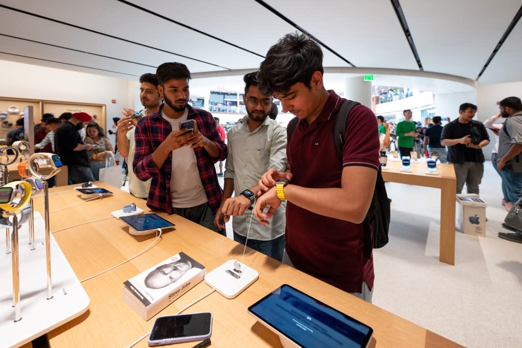 New Delhi, India – April 20: Customers during the opening of India's second Apple retail store named as 'Apple Saket' at Select Citywalk Mall in Saket, New Delhi on April 20, 2023. (Photo by Hardik Chhabra/ The India Today Group via Getty Images)