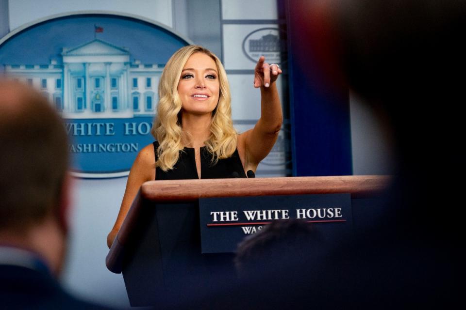 White House press secretary Kayleigh McEnany calls on a reporter during a press briefing in the James Brady Press Briefing Room at the White House in Washington, Tuesday, Sept. 22, 2020.