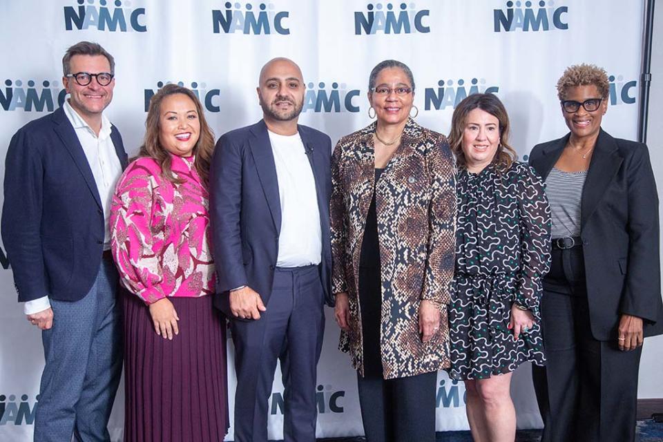 Warner Bros. Discovery’s DEI team at the NAMIC Conference (l. to r.): Christian Hug, Grace Moss and Asif Sadiq, honorary NAMIC conference chair; Shuanise Washington, president and CEO, NAMIC; and WBD’s Yvette Urbina and Lisa Collins.