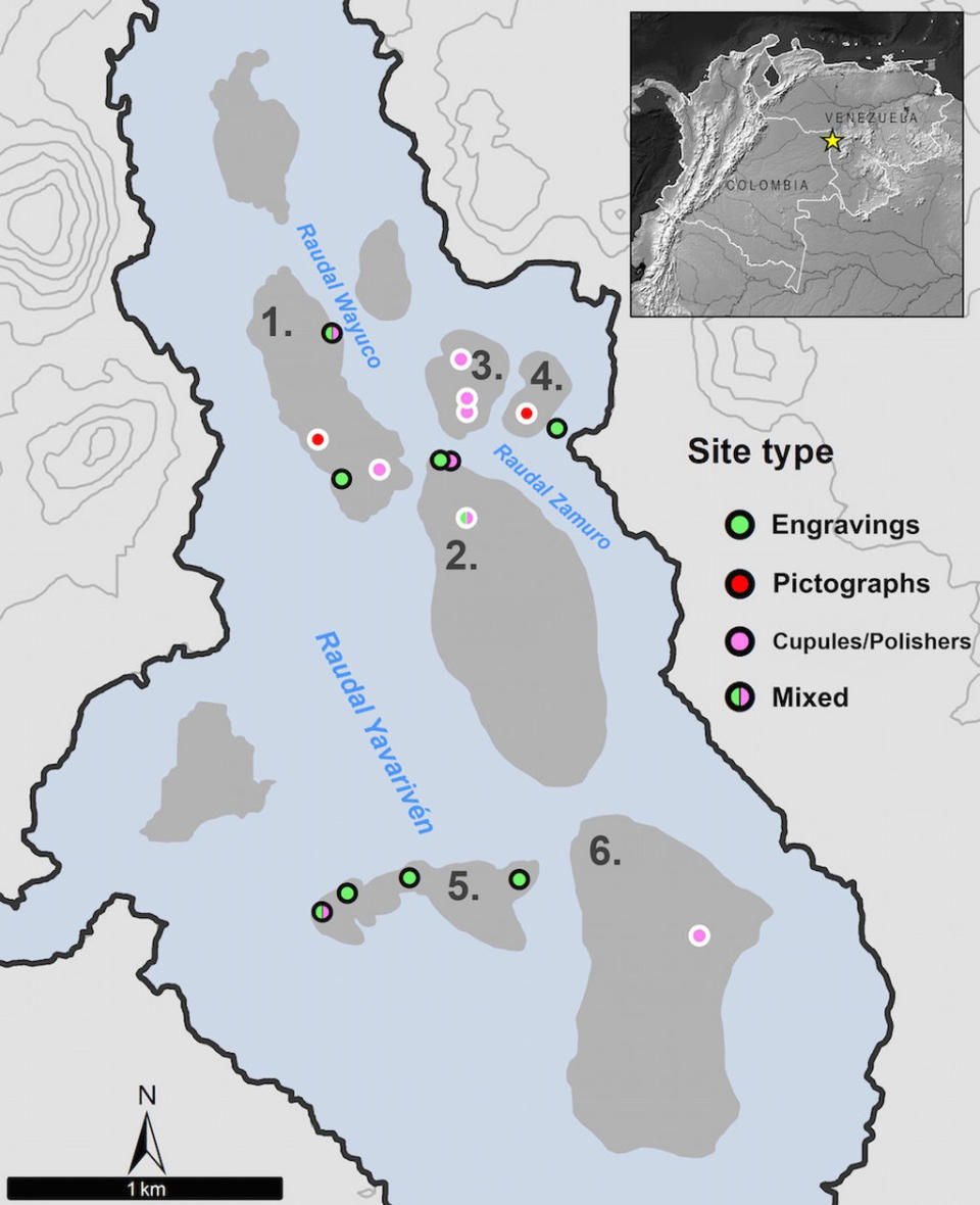 A map showing the locations of the different groups of rock art around the Atures Rapids in Venezuela. <cite>Philip Riris, as featured in Antiquity</cite>