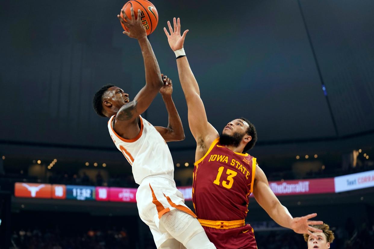 Texas' Jabari Rice shoots over Iowa State's Jaren Holmes during the Longhorns' 82-54 win Tuesday at Moody Center. Rice and Texas will try to sweep Baylor for the first time since 2014 on Saturday in Waco.