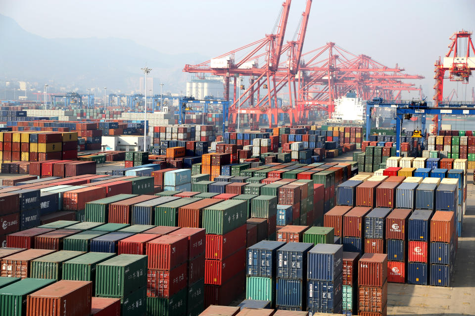 LIANYUNGANG, CHINA - DECEMBER 08: Shipping containers sit stacked at Lianyungang Port on December 8, 2019 in Lianyungang, Jiangsu Province of China. China's import and export of trade in goods reached 28.5 trillion yuan in the first eleven months of 2019, increasing 2.4 percent year-on-year, according to the General Administration of Customs on Sunday. (Photo by Wang Chun/VCG via Getty Images)