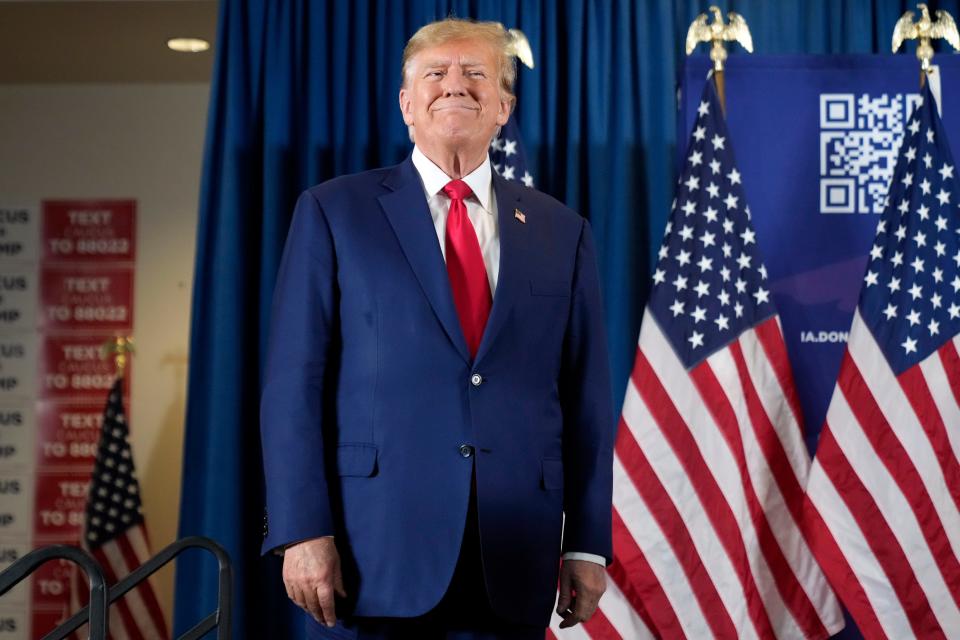 Former President Donald Trump arrives to speak at a campaign rally at Terrace View Event Center in Sioux Center, Iowa, Friday, Jan. 5, 2024. (AP Photo/Andrew Harnik)