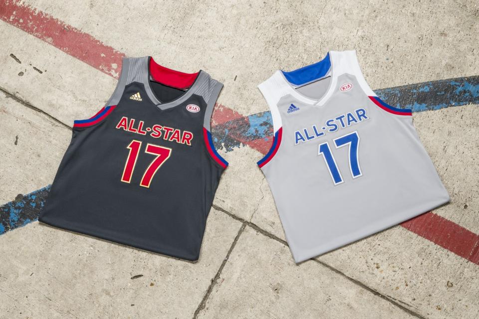 The jerseys the Eastern and Western Conference All-Stars will be wearing in New Orleans next month. (Photo courtesy of adidas)