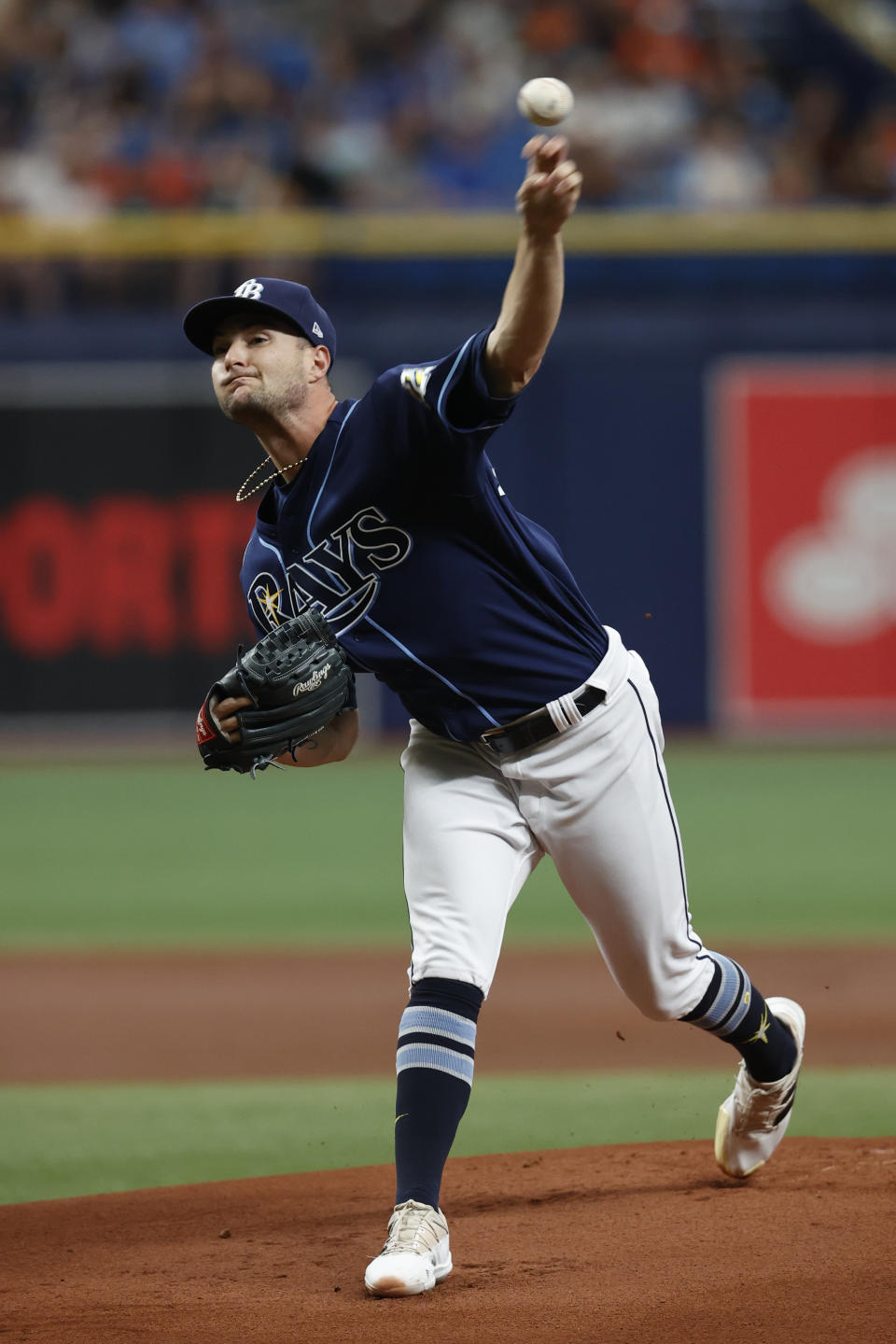 Tampa Bay Rays starting pitcher Shane McClanahan throws to Baltimore Orioles batter during the first inning of a baseball game Saturday, July 22, 2023, in St. Petersburg, Fla. (AP Photo/Scott Audette)