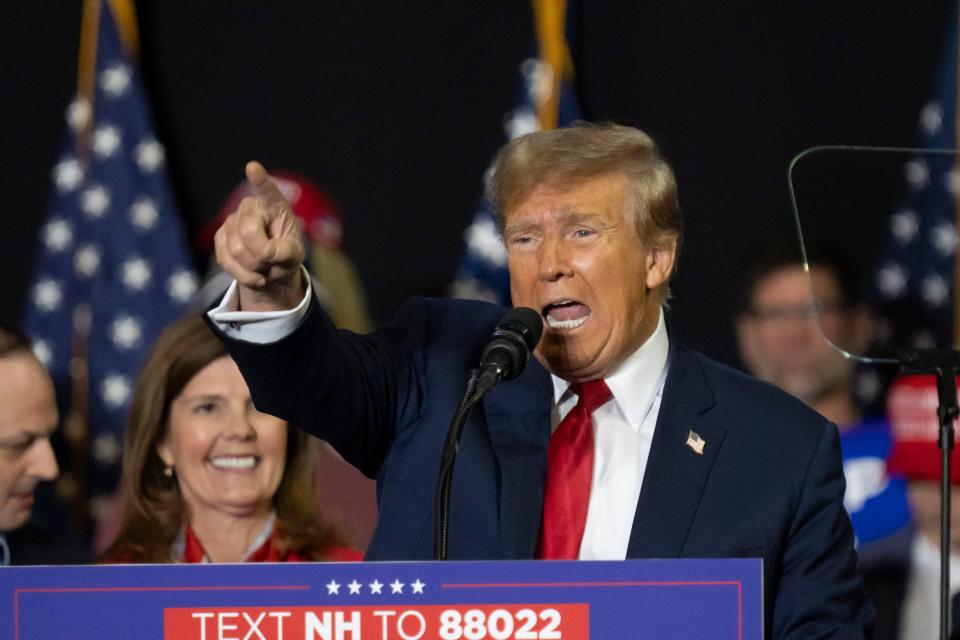 Former president Donald Trump speaks at a campaign rally at SNHU Arena in Manchester, NH, on Jan. 20, 2024, ahead of the New Hampshire presidential primary.