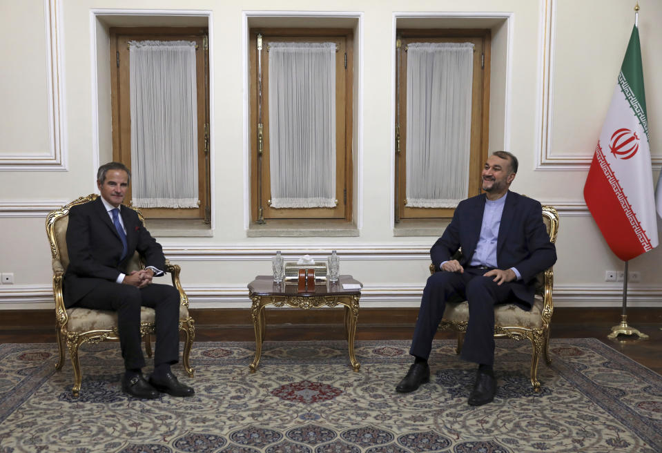 Head of the International Atomic Energy Agency, IAEA, Rafael Mariano Grossi, left, and Iranian Foreign Minister Hossein Amirabdollahian meet, in Tehran, Iran, Tuesday, Nov. 23, 2021. Grossi met Tuesday with Iranian officials to press for greater access in the Islamic Republic ahead of diplomatic talks restarting over Tehran's tattered nuclear deal with world powers. (AP Photo/Vahid Salemi4