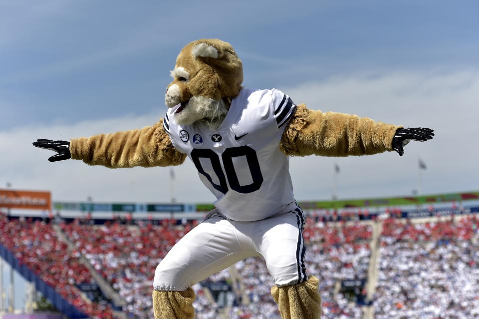 BYU mascot Cosmo performs during the game between the Wisconsin Badgers and the Brigham Young Cougars at LaVell Edwards Stadium on September 16, 2017 in Provo, Utah. (Getty Images)