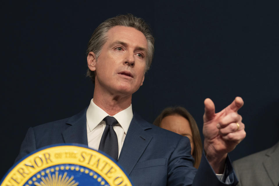 FILE - California Gov. Gavin Newsom answers questions during a news conference, Sept, 26, 2023, in Sacramento, Calif. Newsom signed off on two proposals Thursday, Oct. 12, to transform the state's mental health system and address the state's worsening homelessness crisis, putting them both before voters in 2024. (AP Photo/Rich Pedroncelli, File)