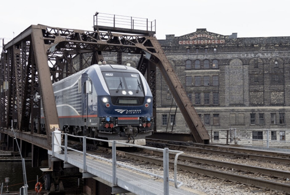 An Amtrak train travels through Milwaukee on its way to the Milwaukee Intermodal Station on Wednesday.
