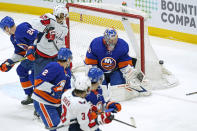 New York Islanders goaltender Semyon Varlamov (40) makes a save against the Washington Capitals during the second period of an NHL hockey game, Thursday, April 22, 2021, in Uniondale, N.Y. (AP Photo/Kathy Willens)