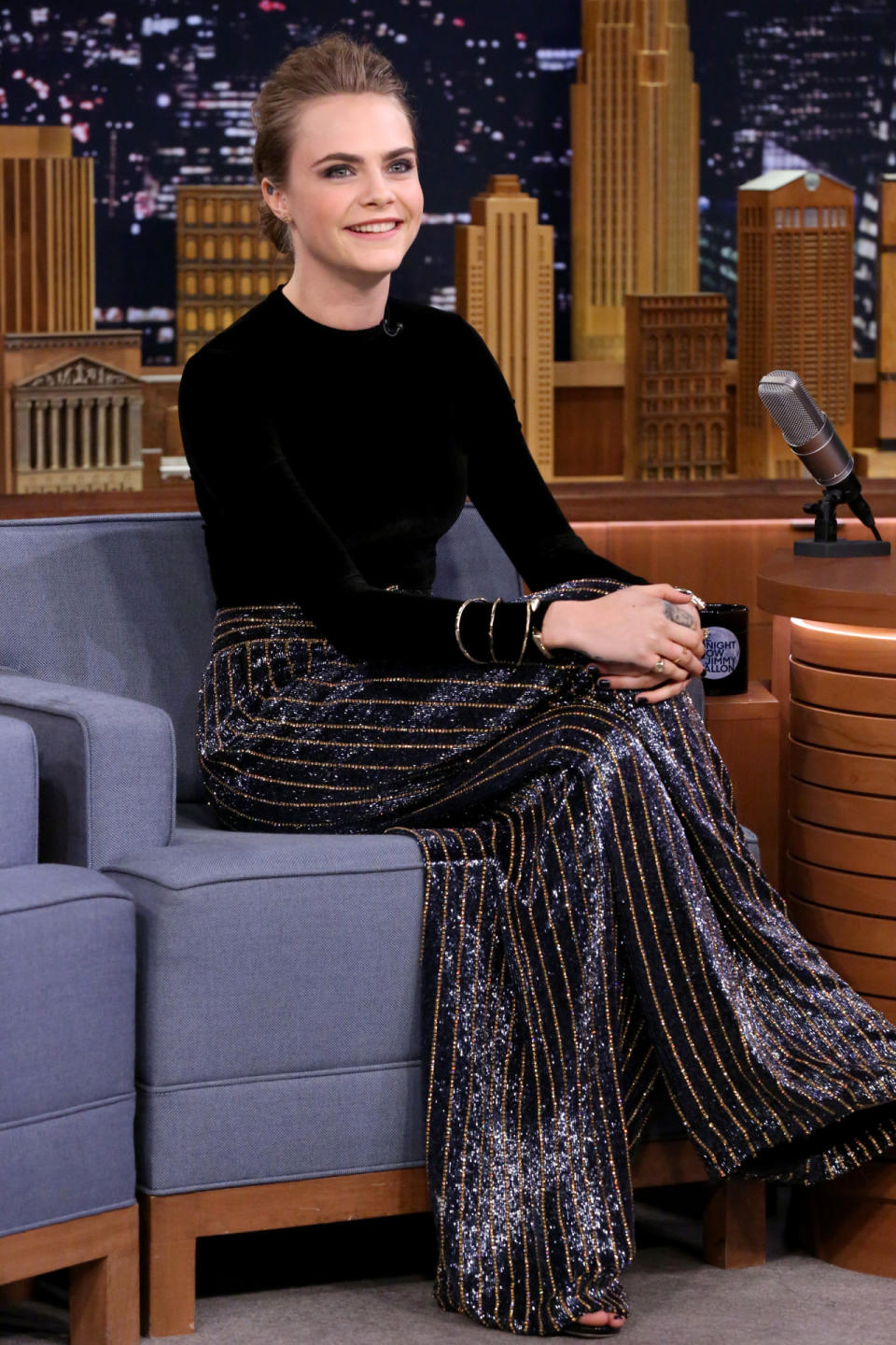 There was no way Delevingne was going to make her first late night appearance on “The Tonight Show” without making a statement. To follow suit, the 22-year-old rocked wide-legged, crystal-adorned Blamain trousers—"The pants weigh more than me!“ she admitted—which were styled perfectly with a simple black velvet top. As if her outfit wasn’t awesome enough, she closed the show by beatboxing.