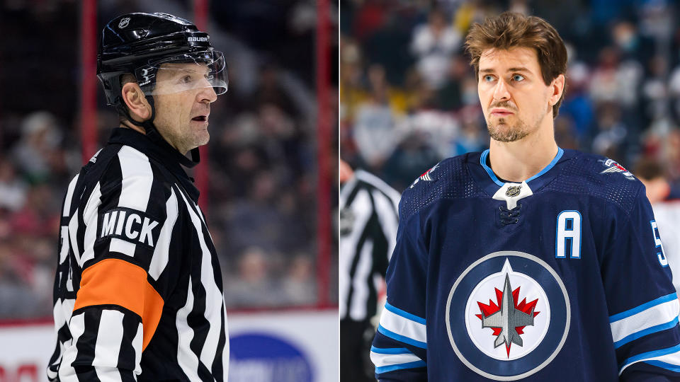 Former NHL referee Tim Peel, left, and Mark Scheifele, right, clearly have some bad blood between them. (Photos via Getty)