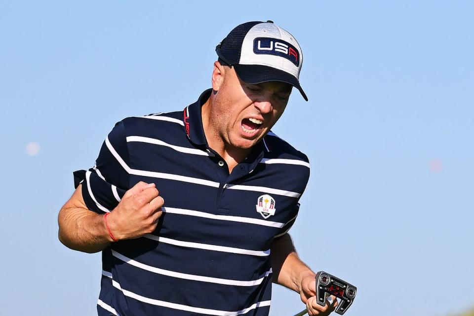 Justin Thomas celebrates after a vital putt on the 15th green in the Ryder Cup 2023 (Getty Images)