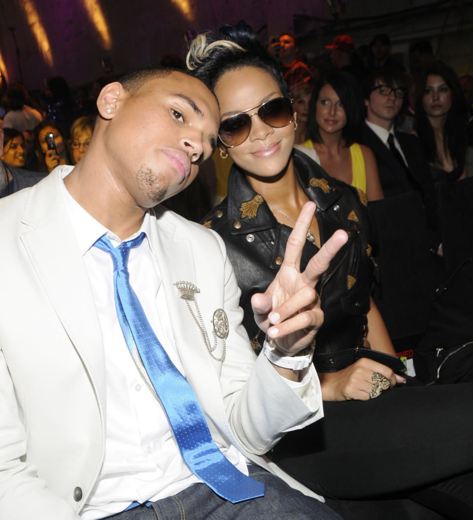 Chris Brown and Rihanna in the audience at the 2008 MTV Video Music Awards at Paramount Pictures Studios on September 7, 2008 in Los Angeles, California.