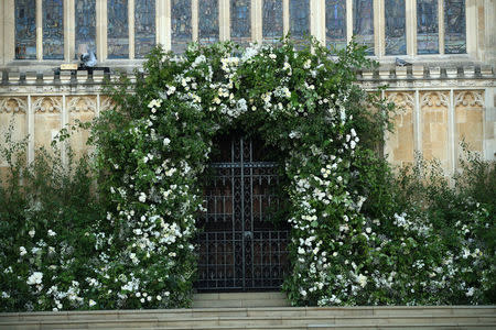 Flowers and foliage surround the West Door of St George's Chapel at Windsor Castle for the wedding of Prince Harry to Meghan Markle. May 19, 2018. Danny Lawson/Pool via REUTERS