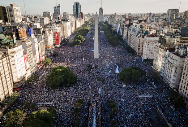 PHOTO: Fans of Argentina celebrate the FIFA World Cup Qatar 2022 win against France, Dec. 18, 2022 in Buenos Aires, Argentina. (Marcelo Endelli/Getty Images)