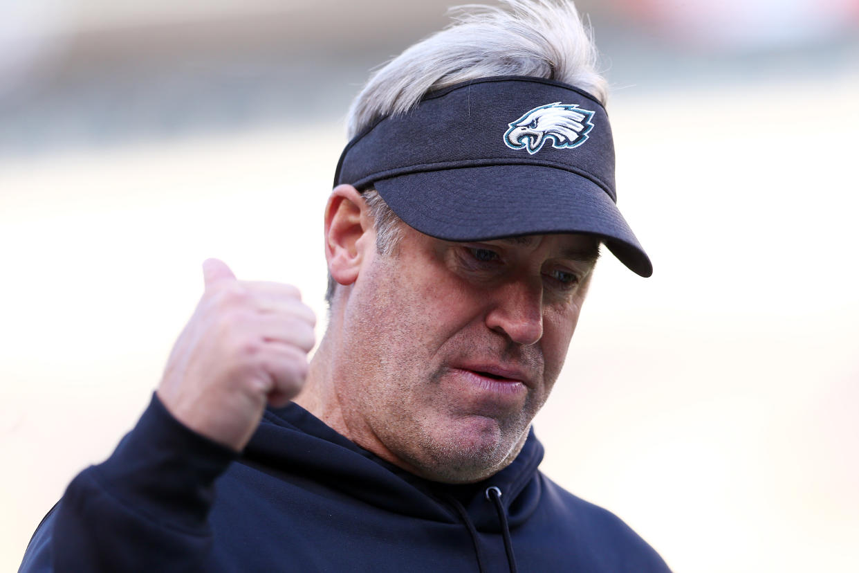 A fan who interrupted Doug Pederson's news conference got the heave-ho on Sunday. (Mitchell Leff/Getty Images)