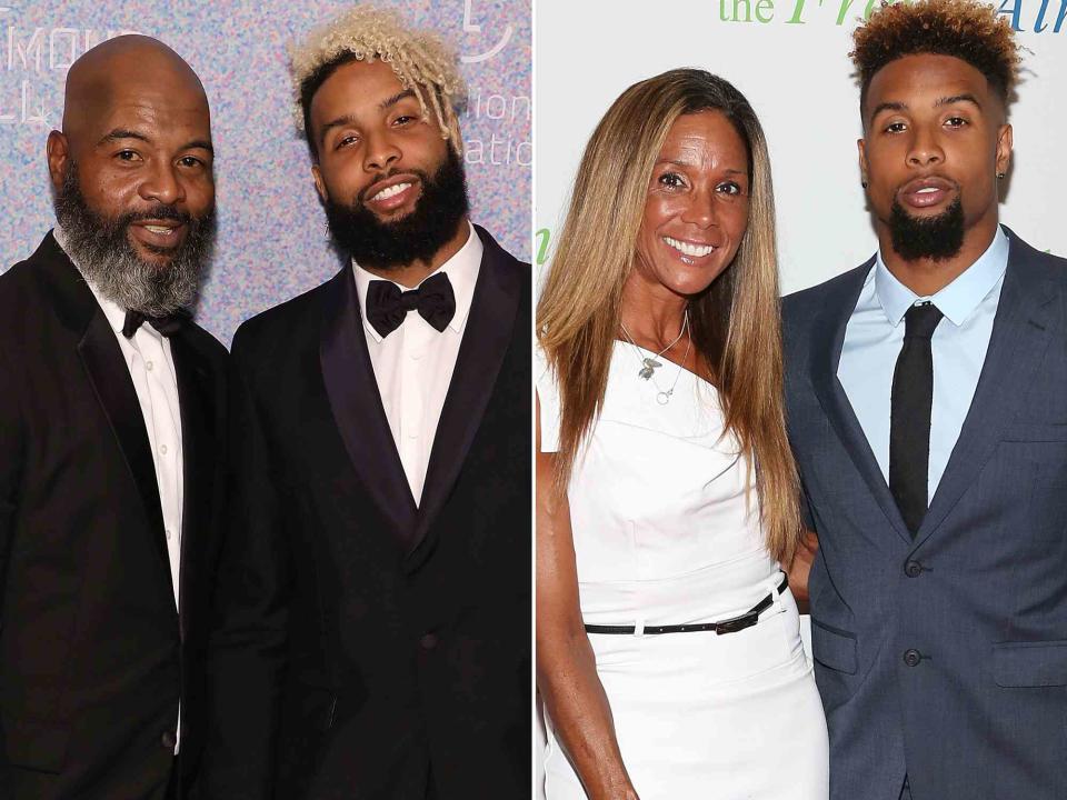 <p>Taylor Hill/WireImage</p> Odell Beckham Sr. and Odell Beckham Jr. attend the 2018 Diamond Ball in September 2018 in New York City. ; Heather Van Norman and son Odell Beckham, Jr. attend the 2015 Fresh Air Fund