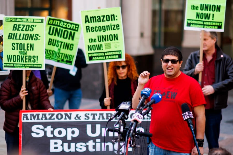 <sub>FILE – Amazon JFK8 distribution center union organizer Jason Anthony speaks to media, April 1, 2022, in the Brooklyn borough of New York. The U.S. union membership rate reached an all-time low in 2022, despite high-profile unionization campaigns at Starbucks, Amazon and other companies. Union members fell to 10.1% of the overall workforce, according to the U.S. Bureau of Labor Statistics. That was down slightly from 10.3% in 2021. (AP Photo/Eduardo Munoz Alvarez, File)</sub>