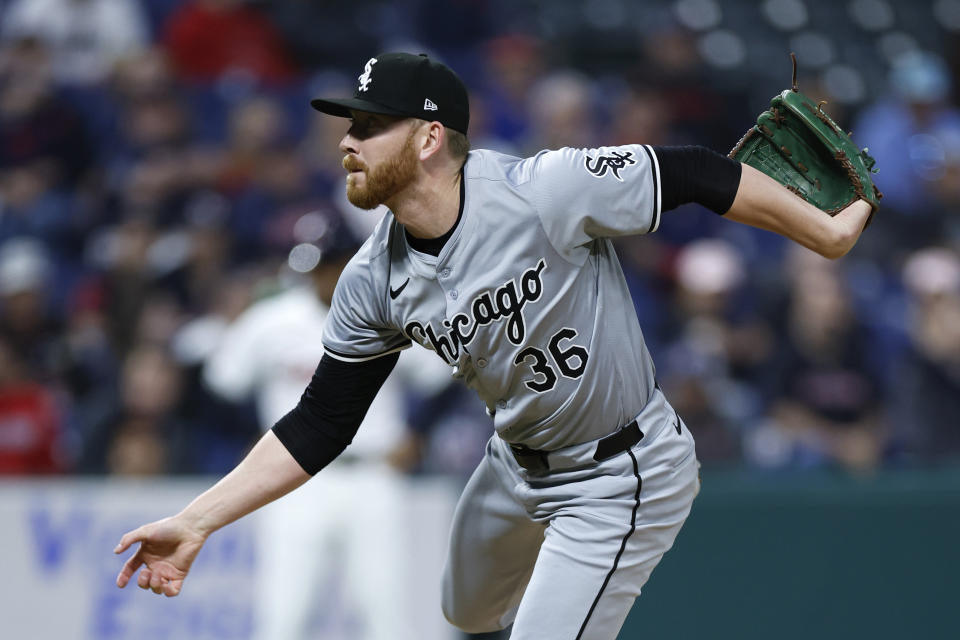 Chicago White Sox pitcher Steven Wilson delivers against the Cleveland Guardians during the seventh inning of a baseball game, Tuesday, April 9, 2024, in Cleveland. (AP Photo/Ron Schwane)