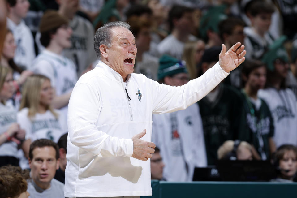 Michigan State head coach Tom Izzo reacts during the first half of an NCAA college basketball game against Maryland, Saturday, Feb. 3, 2024, in East Lansing, Mich. (AP Photo/Al Goldis)