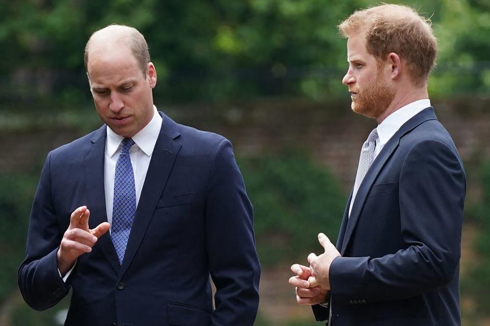 Prince William, Duke of Cambridge (L) and Britain's Prince Harry, Duke of Sussex chat ahead of the unveiling of a statue of their mother, Princess Diana