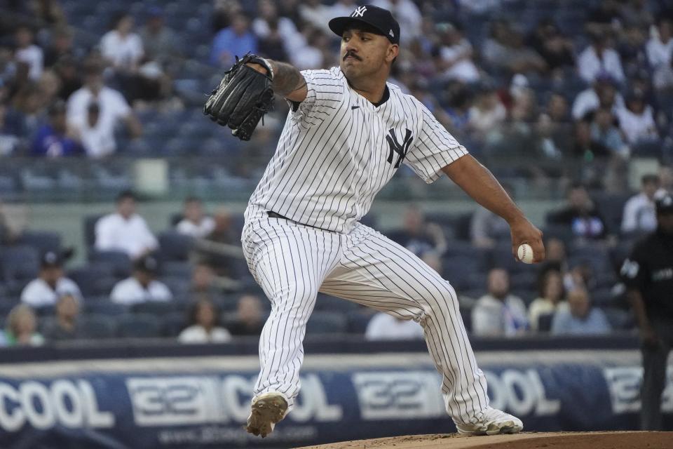 New York Yankees starting pitcher Nestor Cortes throws duirng the first inning of the team's baseball game against the Tampa Bay Rays, Wednesday June 15, 2022, in New York. (AP Photo/Bebeto Matthews)