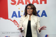 FILE - Former Alaska Gov. Sarah Palin addresses supporters at the opening of her new campaign headquarters in Anchorage, Alaska, on Wednesday, April 20, 2022. Voters are whittling down the list of 48 candidates running for Alaska's only U.S. House seat, with the top four vote-getters in a special primary on Saturday, June 11, advancing to an August special election. (AP Photo/Mark Thiessen,File)