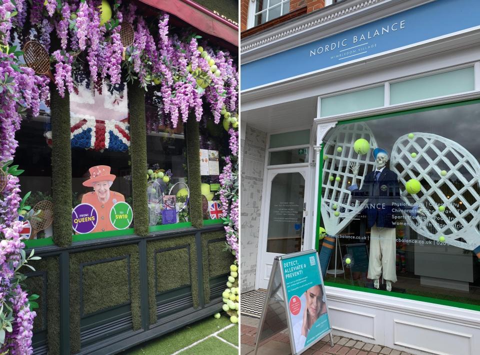 Shop fronts in Wimbledon using tennis rackets and balls in their window displays.