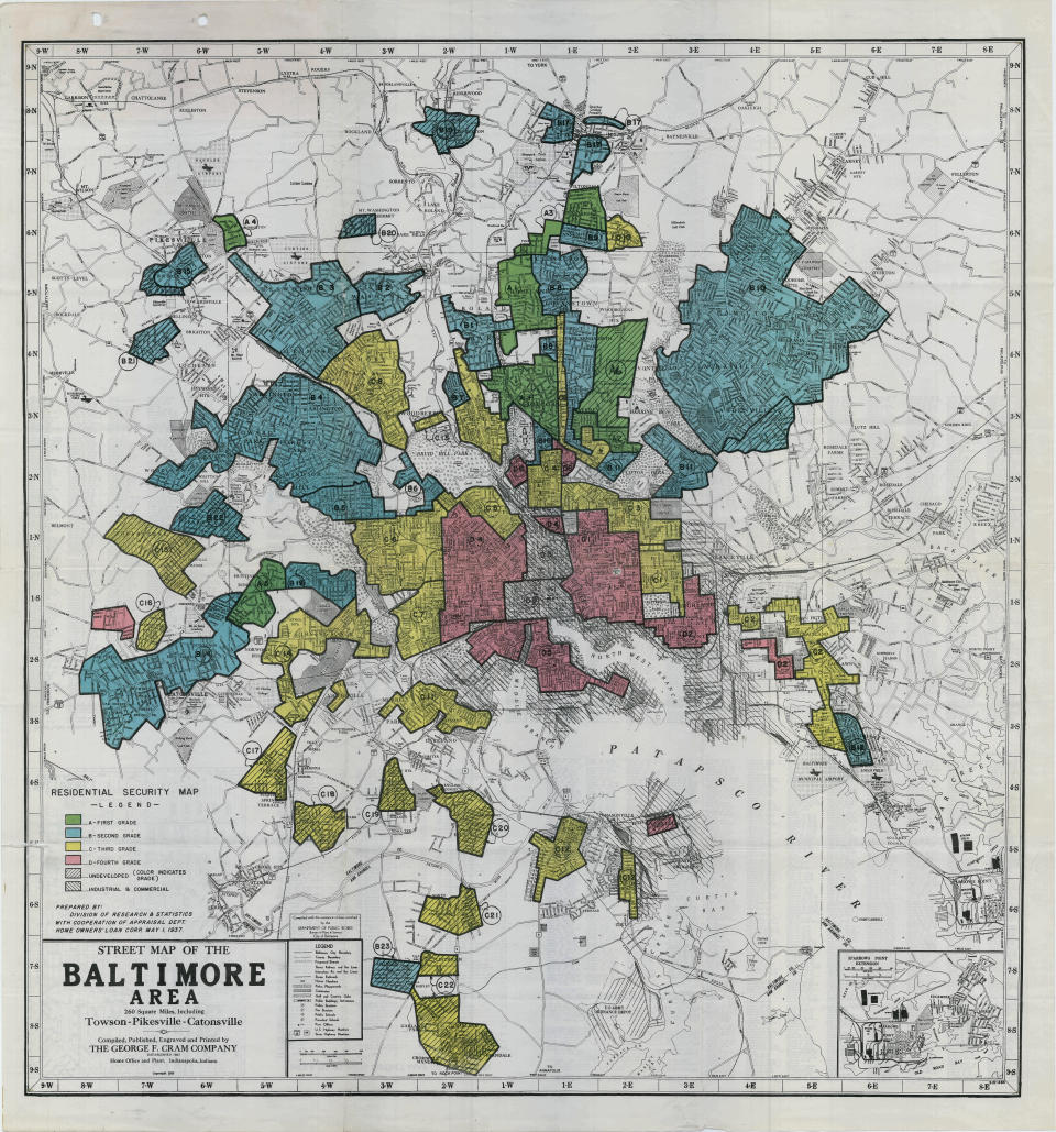 A redlined map of Baltimore, 1935. Source: “Mapping Inequality,” American Panorama.