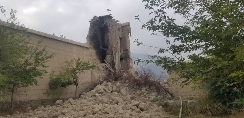 View of ruins of destroyed ancestral home of Nangarhar provincial official Ajmal Omar in Kodi Khel