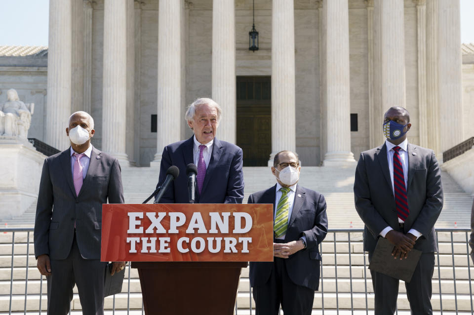 From left, Rep. Hank Johnson, D-Ga., Sen. Ed Markey, D-Mass., House Judiciary Committee Chairman Jerrold Nadler, D-N.Y., and Rep. Mondaire Jones, D-N.Y., hold a news conference outside the Supreme Court to announce legislation to expand the number of seats on the high court, on Capitol Hill in Washington, Thursday, April 15, 2021. (AP Photo/J. Scott Applewhite)