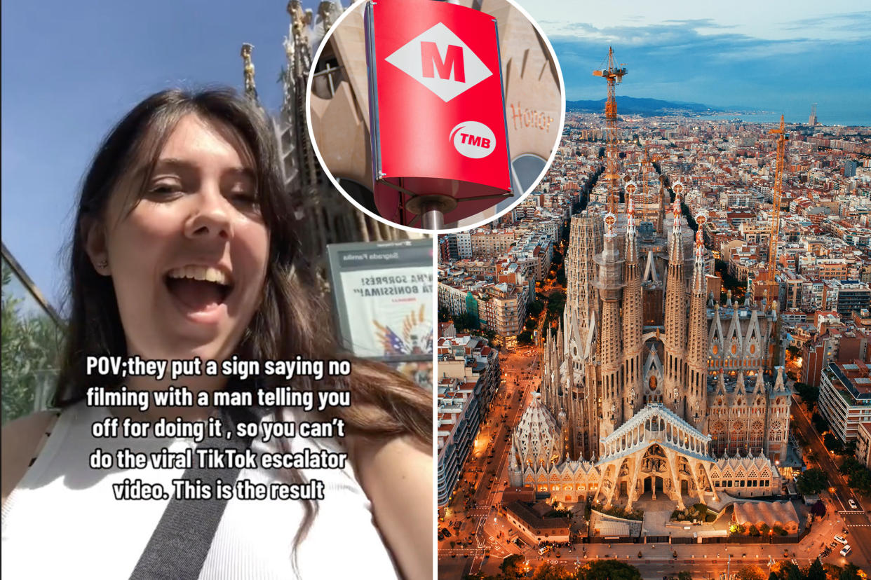 collage of a woman taking a selfie in front of the Sagrada Familia Station in Barcelona and the metro station and the church