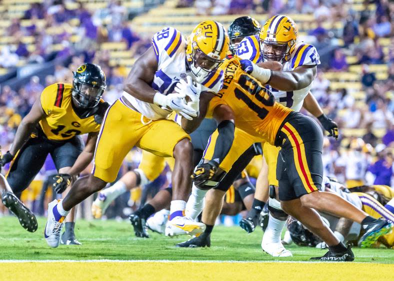 LSU running back Kaleb Jackson (28) carries the ball against Grambling during their Sept. 9, 2023, game at Tiger Stadium in Baton Rouge, Louisiana. (Photo credit: © Scott Clause / USA TODAY NETWORK)