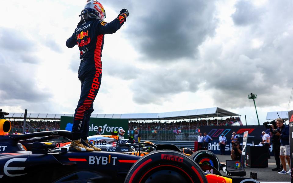 Max Verstappen stands on his car after winning the British GP - Lando Norris holds off Lewis Hamilton for second as McLaren shine at British Grand Prix