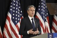 US Secretary of State Antony Blinken delivers his speech at the Helsinki City Hall, Finland Friday, June 2, 2023. (Emmi Korhonen/Lehtikuva via AP)