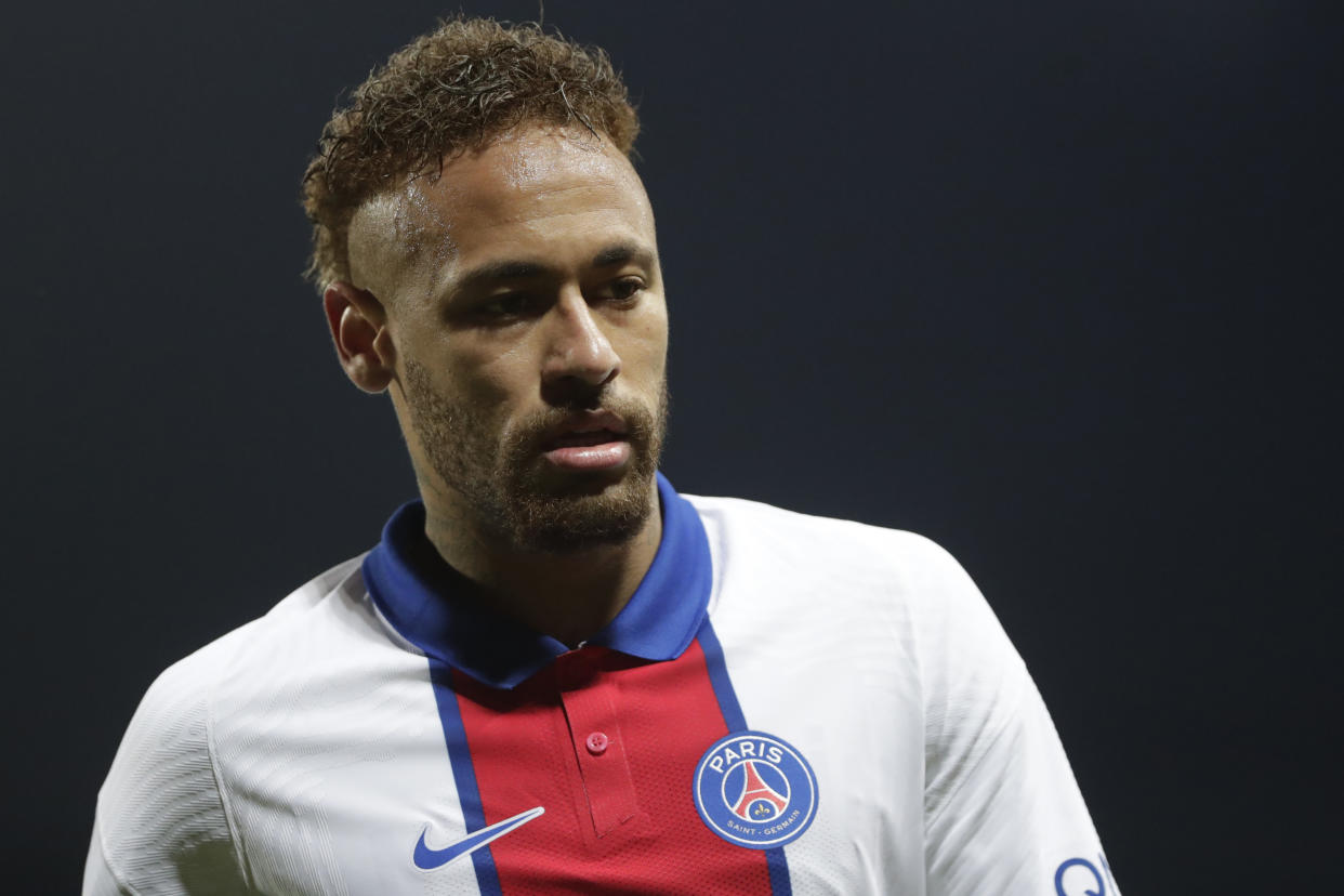 PSG's Neymar reacts during the French League One soccer match between Brest and Paris Saint-Germain at the Stade Francis-Le Ble stadium in Brest, France, Sunday, May 23, 2021. (AP Photo/Thibault Camus)