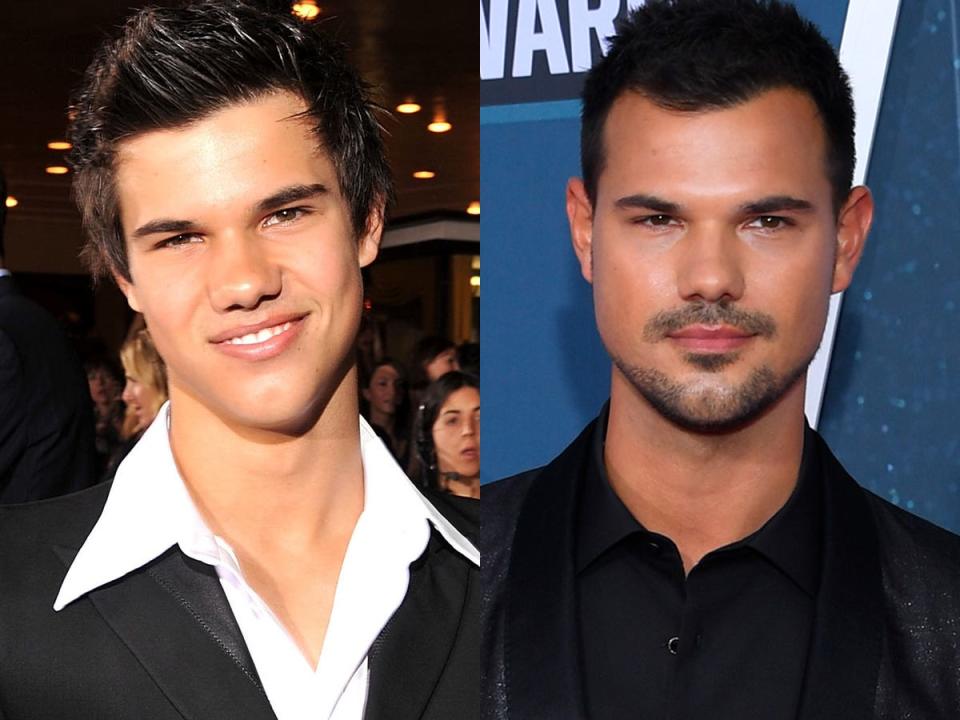 (left) taylor lautner at the premiere of twilight in 2008 (right) taylor lautner at the cmas in 2022