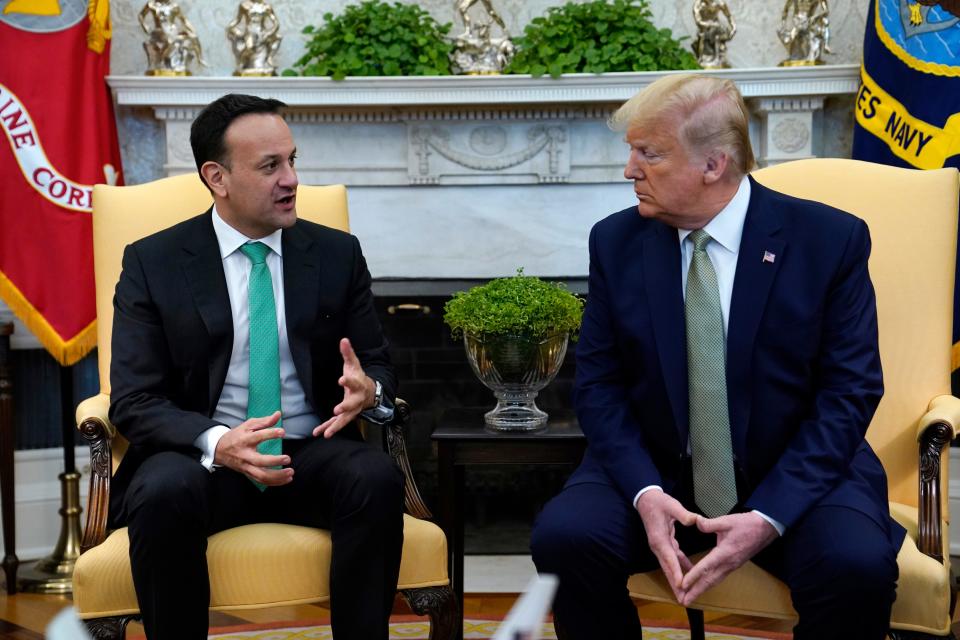 President Donald Trump meets with Irish Prime Minister Leo Varadkar in the Oval Office of the White House, March 12, 2020, in Washington.