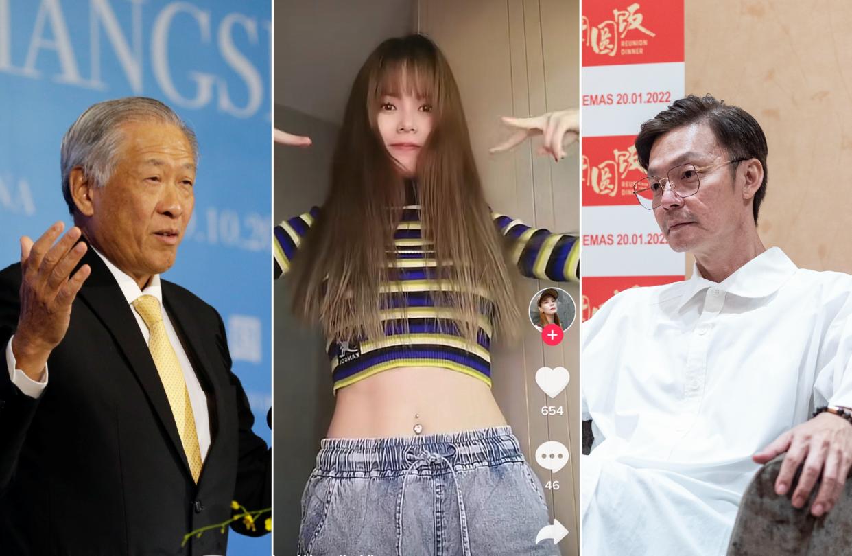 Singapore Defence Minister Ng Eng Hen, and actors Mark Lee and Hayley Woo came down with COVID-19 in January and February 2022. (Photos: Reuters, Screenshot from TikTok, Golden Village Pictures)