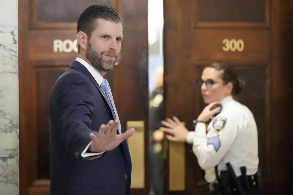 Eric Trump arrives at New York Supreme Court, Thursday, Nov. 2, 2023, in New York. (AP Photo/Seth Wenig)