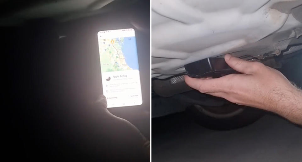 A sinistra, il telefono del partner di Cheetah con l'avviso di localizzazione.  È vero, il dispositivo di localizzazione è collegato al serbatoio del carburante della Mazda 2.