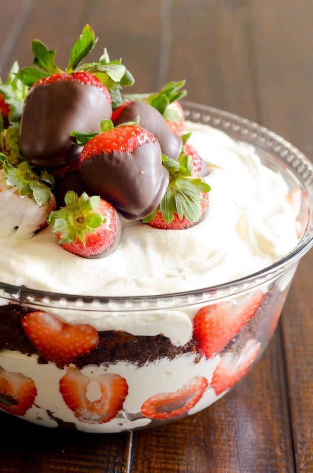 <strong>Get the <a href="http://www.somethingswanky.com/chocolate-covered-strawberry-trifle/" target="_blank">Chocolate-Covered Strawberry Trifle recipe</a> from Something Swanky</strong>