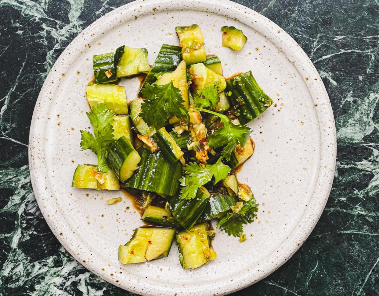 <span>Tom Hunt’s smashed cucumber salad.</span><span>Photograph: Tom Hunt/The Guardian</span>