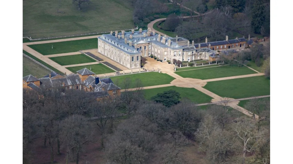 Aerial view of Althorp, this grade 1 listed stately home was the home of Lady Diana Spencer who later became the Princess of Wales, it is located on the Harlestone Road between the villages of Great Brington and Harlestone, 5 miles north west of Northampton. 