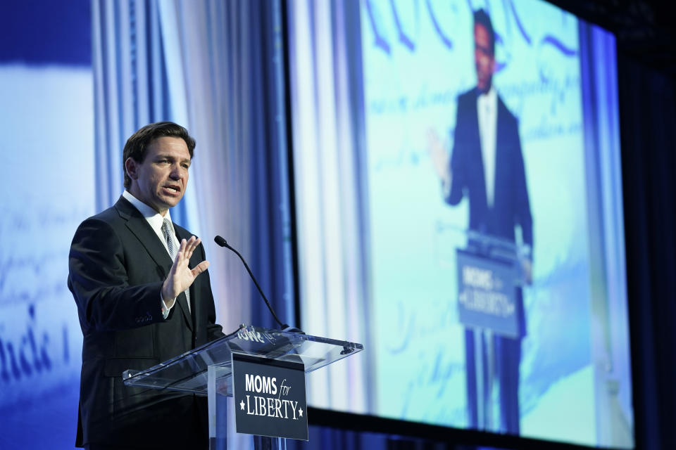 FILE - Republican presidential candidate Florida Gov. Ron DeSantis speaks at the Moms for Liberty meeting in Philadelphia, June 30, 2023. (AP Photo/Matt Rourke, File)