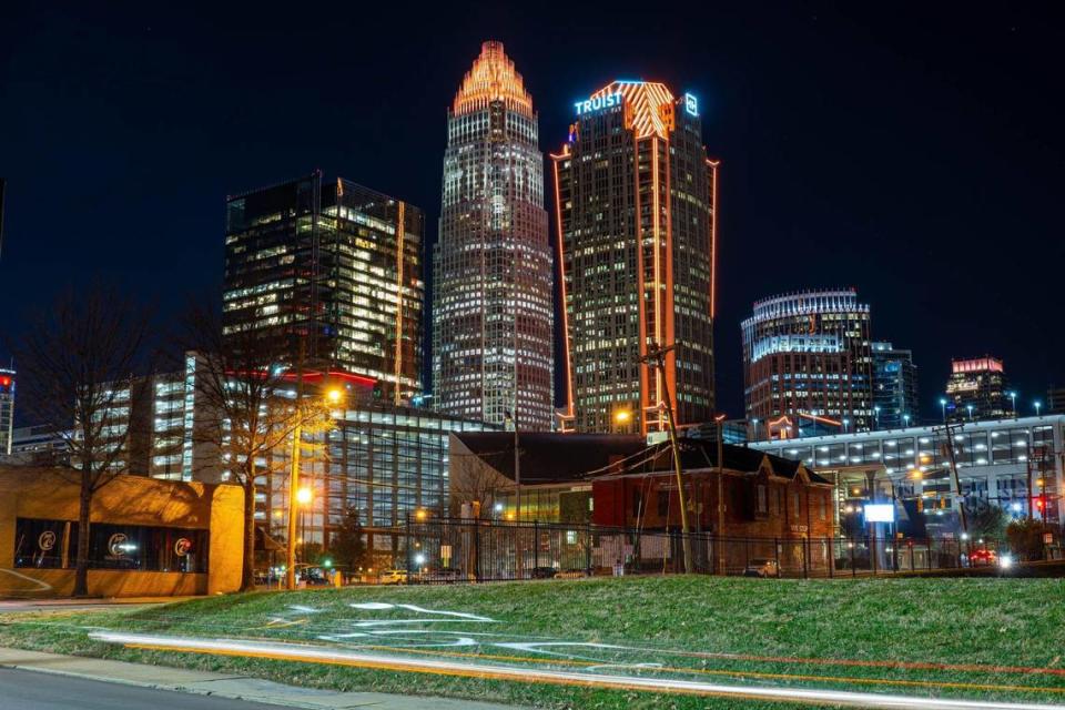 The Charlotte Skyline was lit up with orange lights January 19, 2021 in support of frontline workers during COVID-19.