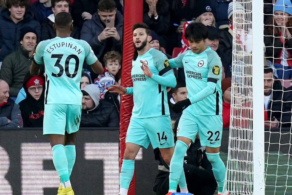 Adam Lallana, second right, reluctantly celebrates the first goal (Adam Davy/PA) (PA Wire)