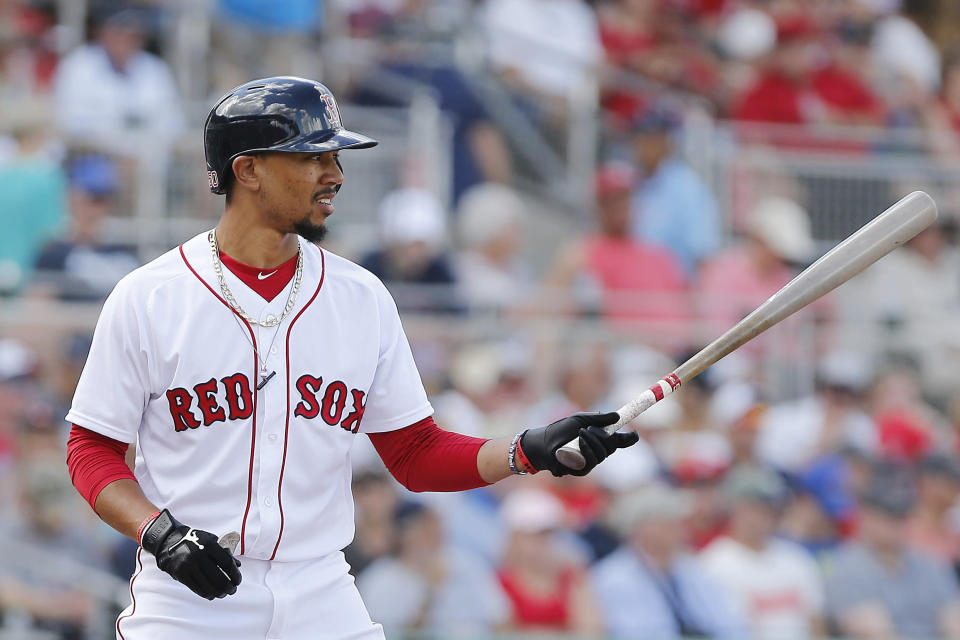 FORT MYERS, FLORIDA - MARCH 09:  Mookie Betts #50 of the Boston Red Sox at bat against the New York Mets during the Grapefruit League spring training game at JetBlue Park at Fenway South on March 09, 2019 in Fort Myers, Florida. (Photo by Michael Reaves/Getty Images)